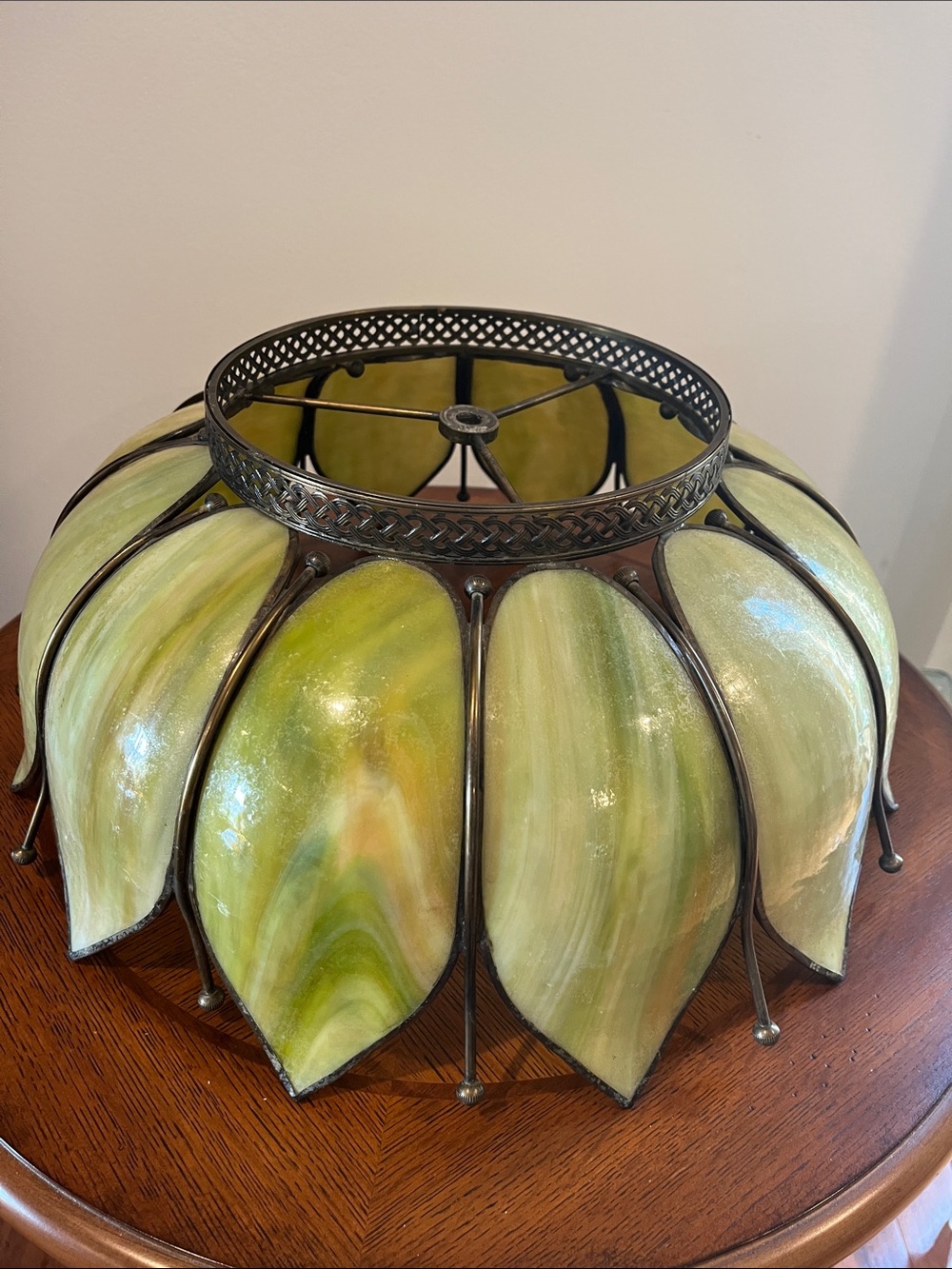 VTG Jade Green Slag Glass Tulip Shape Stained Swirled LARGE Lamp Shade Art Deco